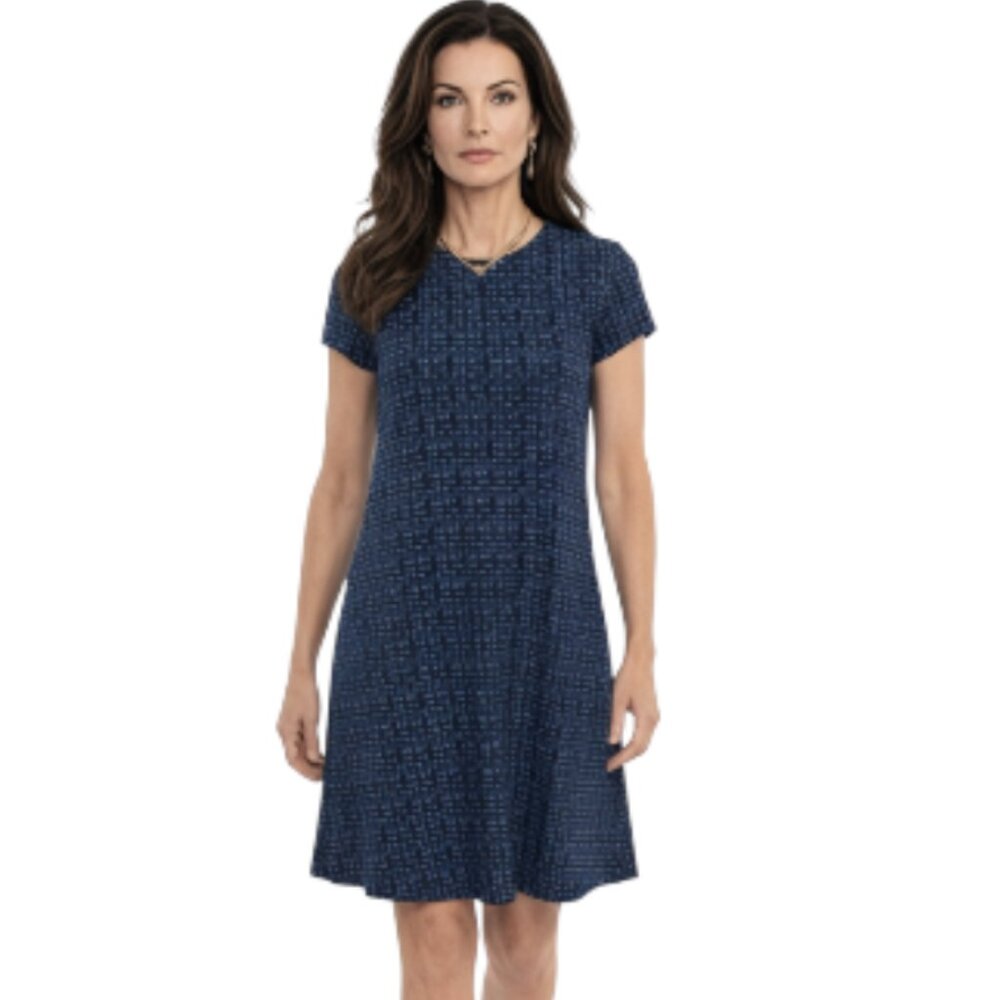 J. McLaughlin XS Blue Black White Geometric Capped Sleeve Ponte Dress